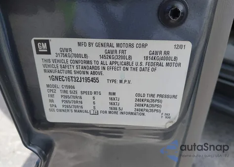 2002 Chevrolet Suburban 1500 Lt from USA, damaged, VIN 1GNEC16T32J195455